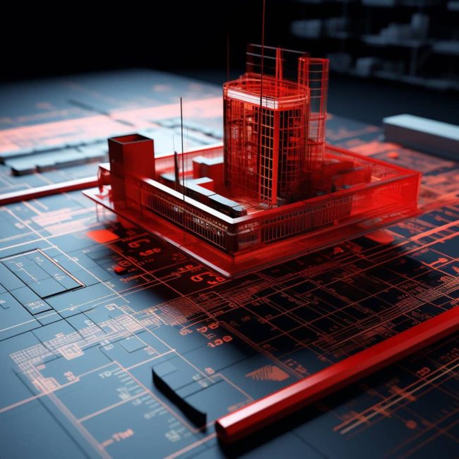 Ein 3D Model eines Industriekomplexes auf einem dunklem Bauplan