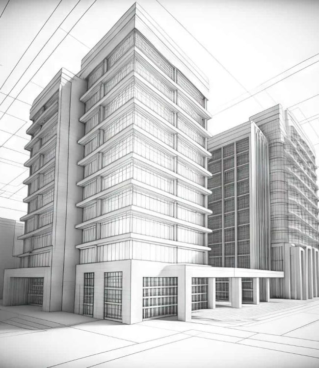Ein Abstrakter 3D Plan eines großen Bürogebäudes